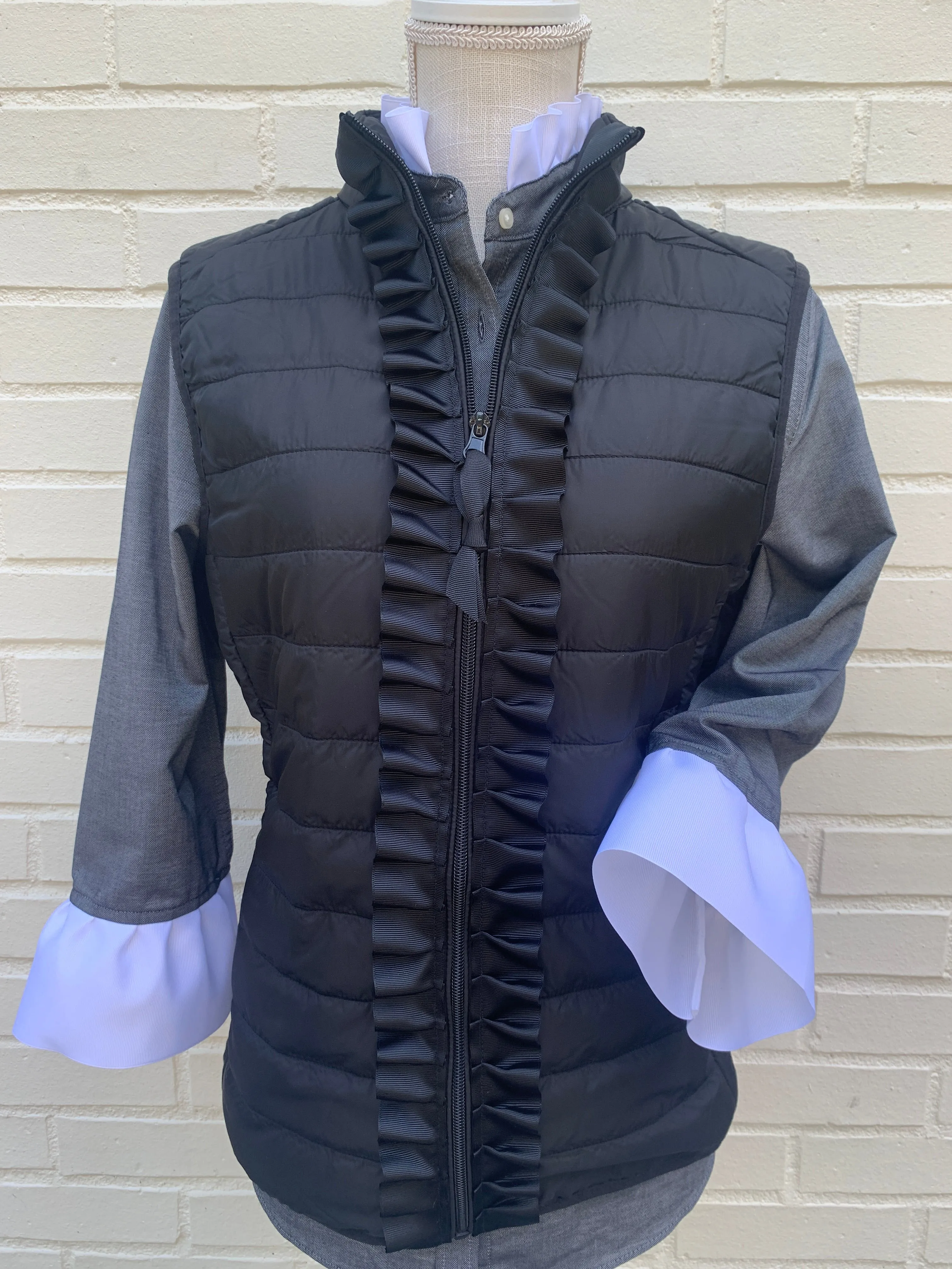 Maggie May Ruffled Ribbon Puffer Vest Black w Black (PF16)