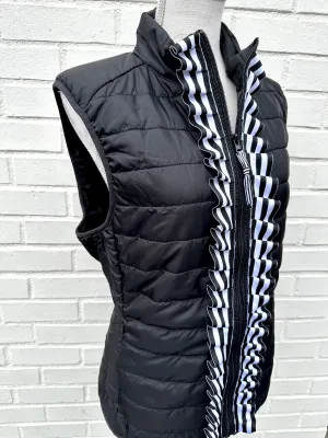 Maggie May Ruffled Ribbon Puffer Vest Black w Black White Stripe (PF40)