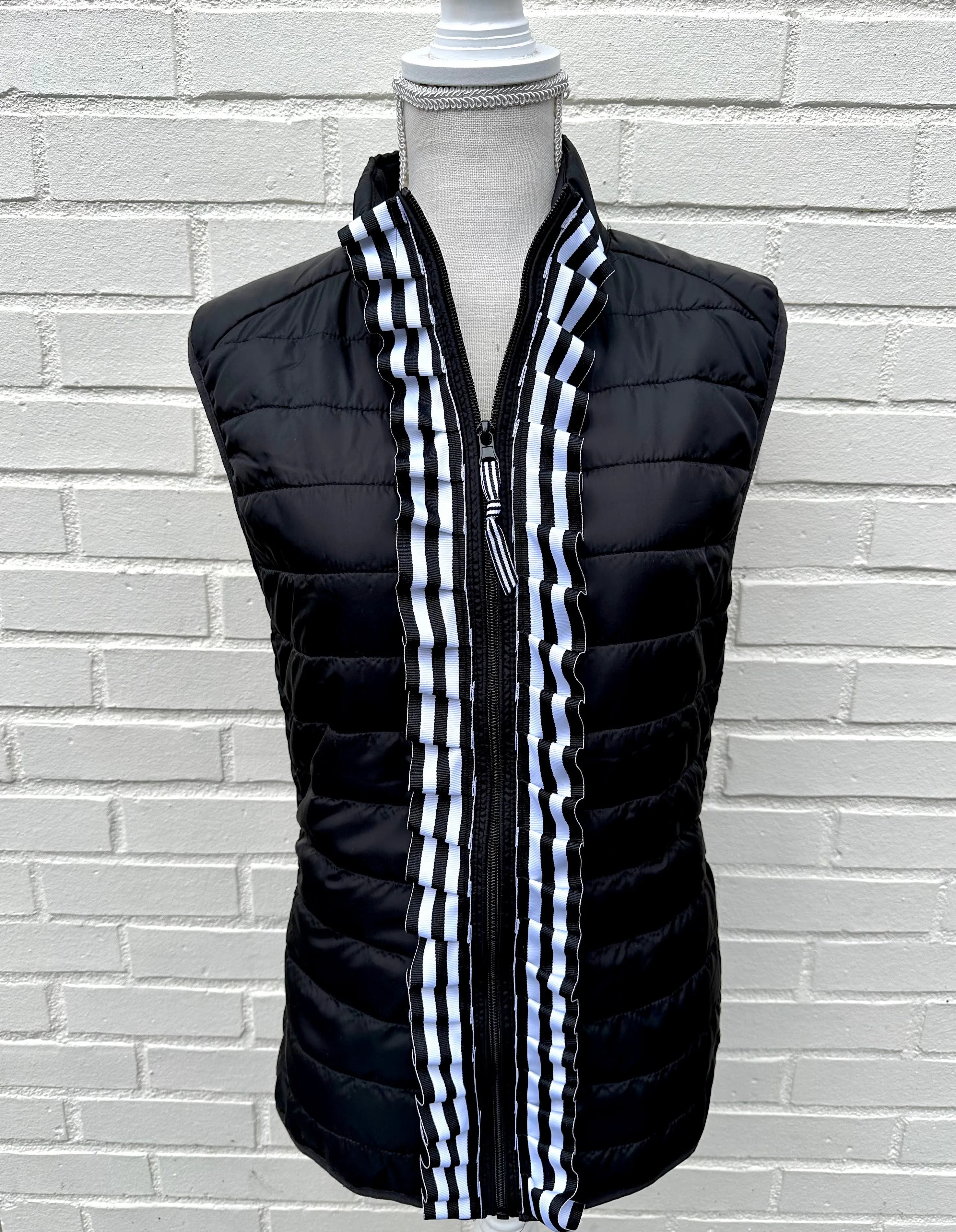 Maggie May Ruffled Ribbon Puffer Vest Black w Black White Stripe (PF40)
