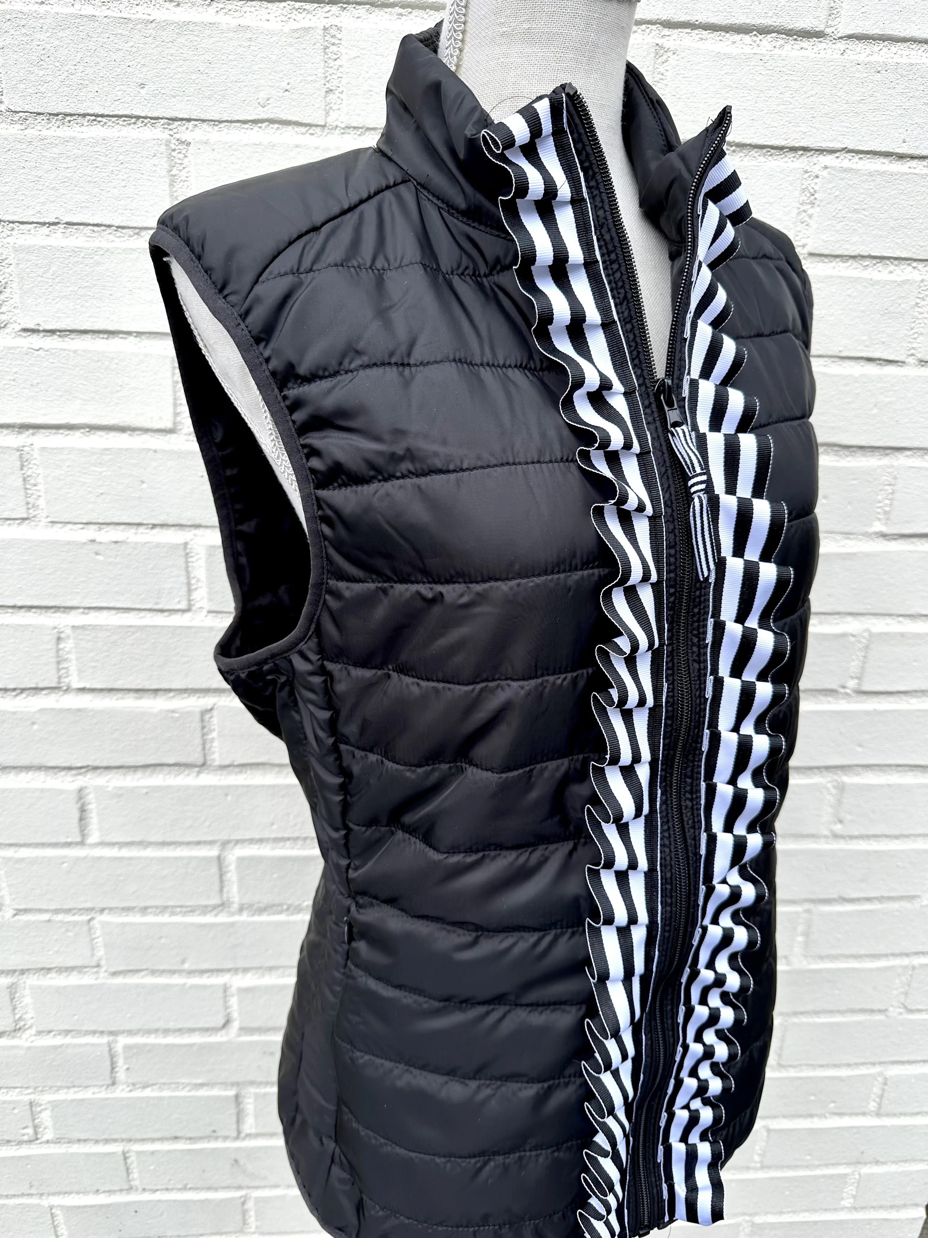 Maggie May Ruffled Ribbon Puffer Vest Black w Black White Stripe (PF40)
