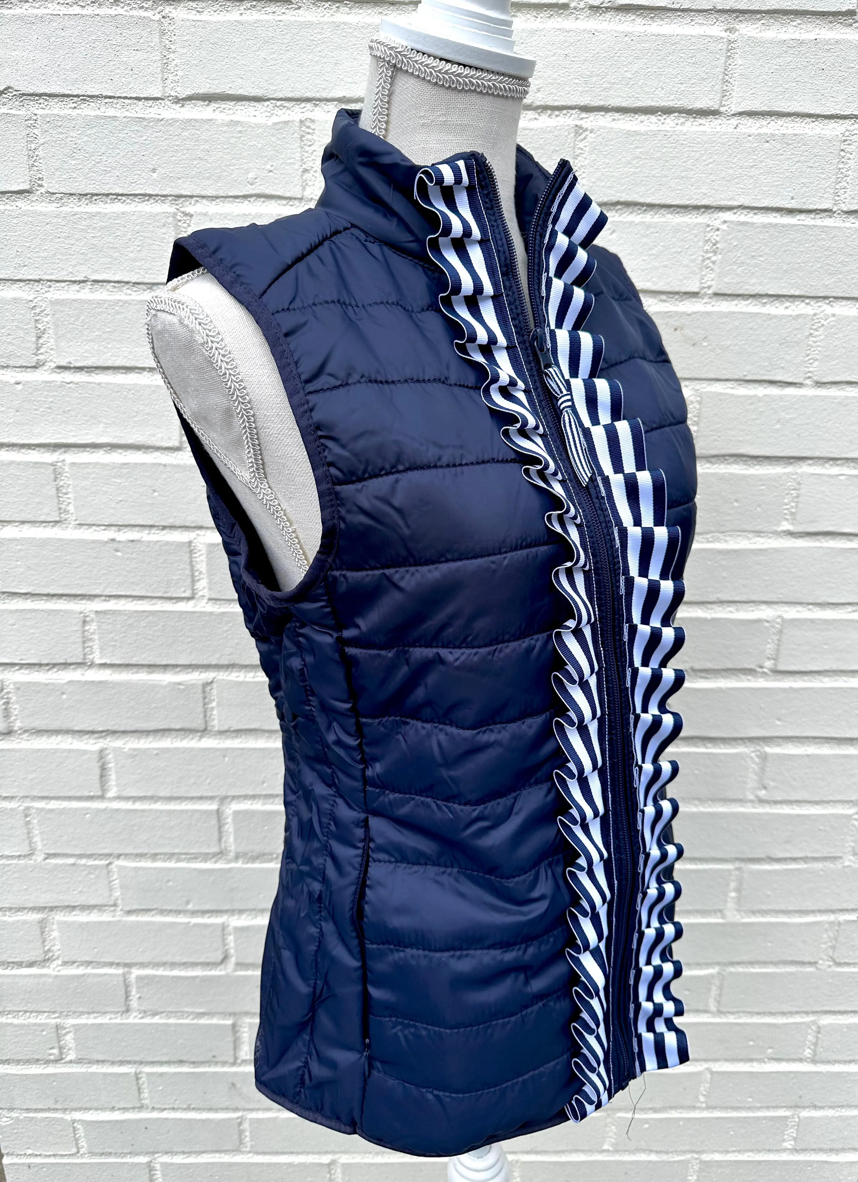 Maggie May Ruffled Ribbon Puffer Vest Navy w Navy & White Stripe (PF39)