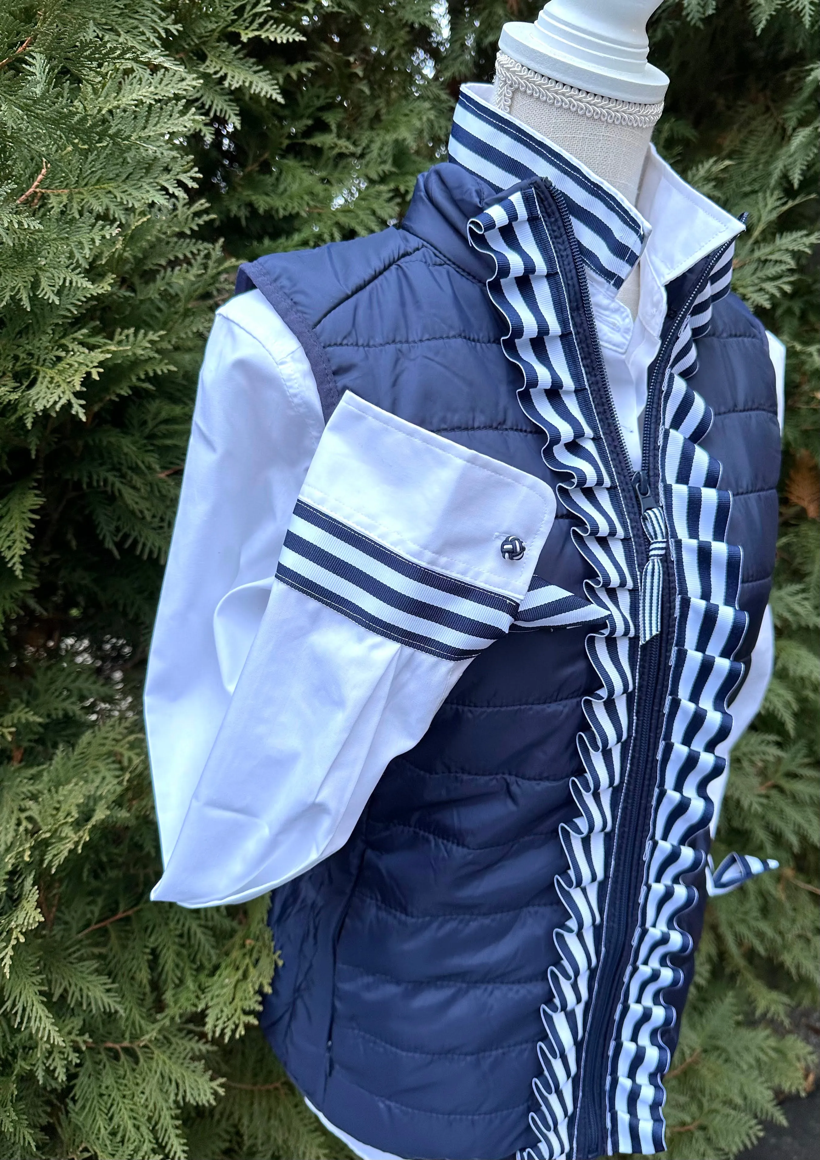 Maggie May Ruffled Ribbon Puffer Vest Navy w Navy & White Stripe (PF39)