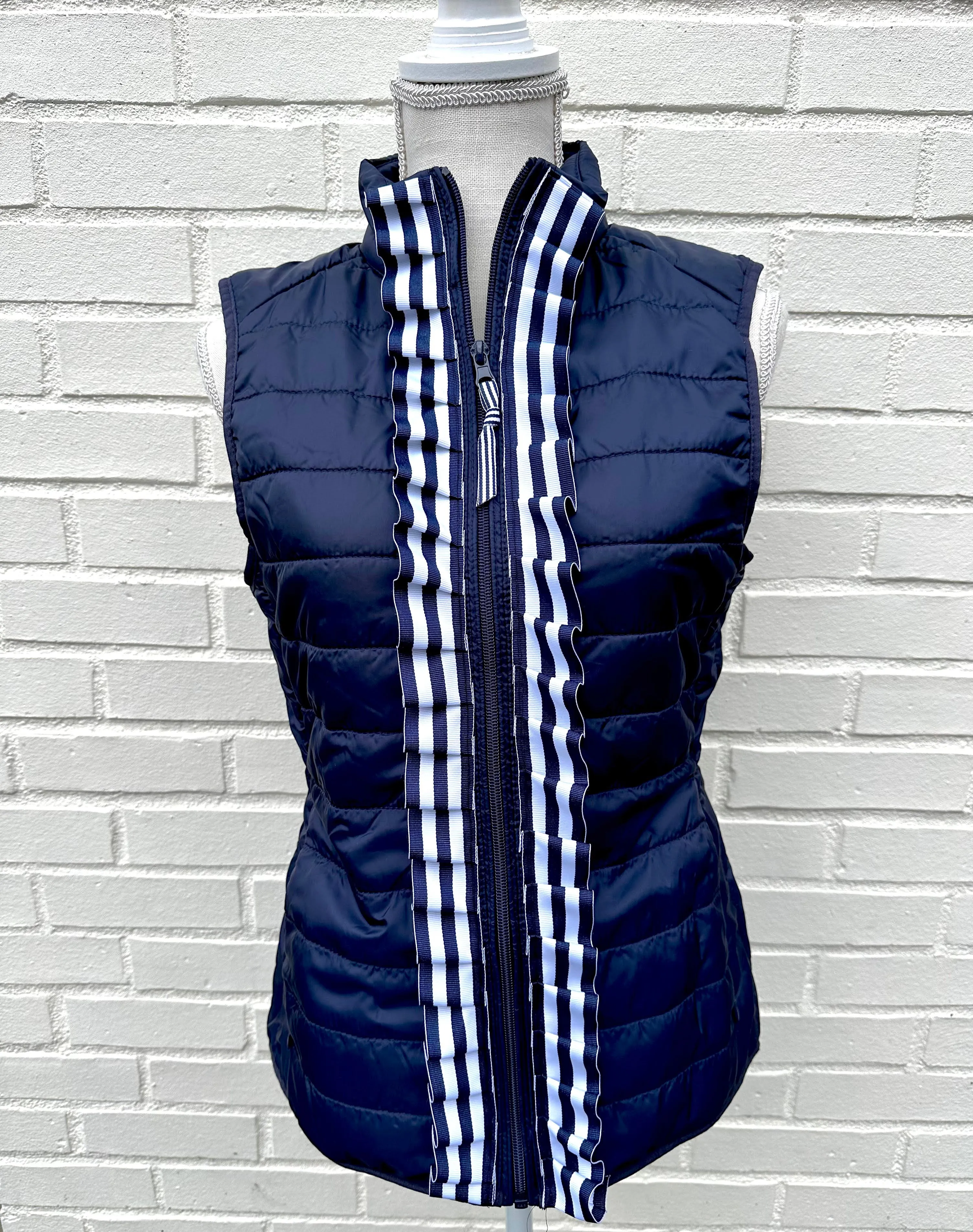 Maggie May Ruffled Ribbon Puffer Vest Navy w Navy & White Stripe (PF39)