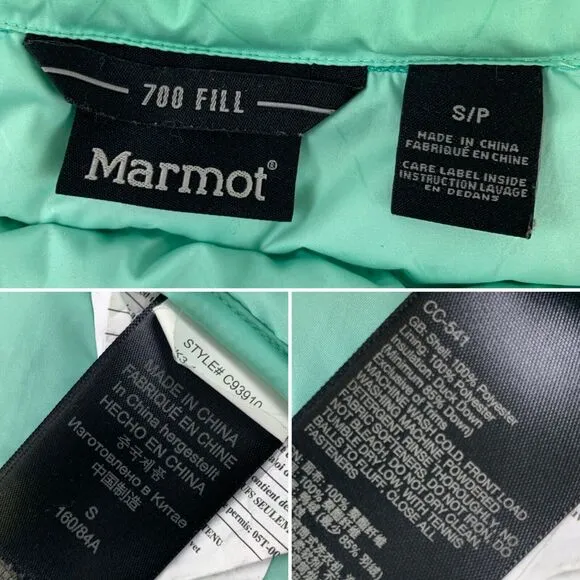 Marmot 700 Fill Down Puffer Jacket Green Teal Quilted Lightweight Womens Small