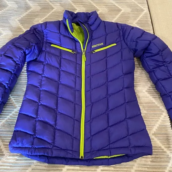 Marmot Puffer Jacket Goose Down Women's Small Full Zip Purple Green