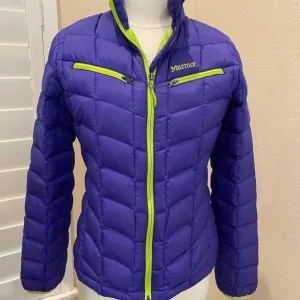 Marmot Puffer Jacket Goose Down Women's Small Full Zip Purple Green