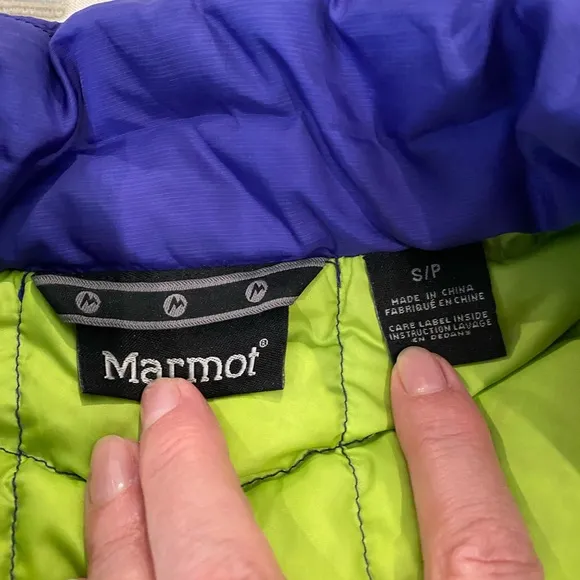 Marmot Puffer Jacket Goose Down Women's Small Full Zip Purple Green