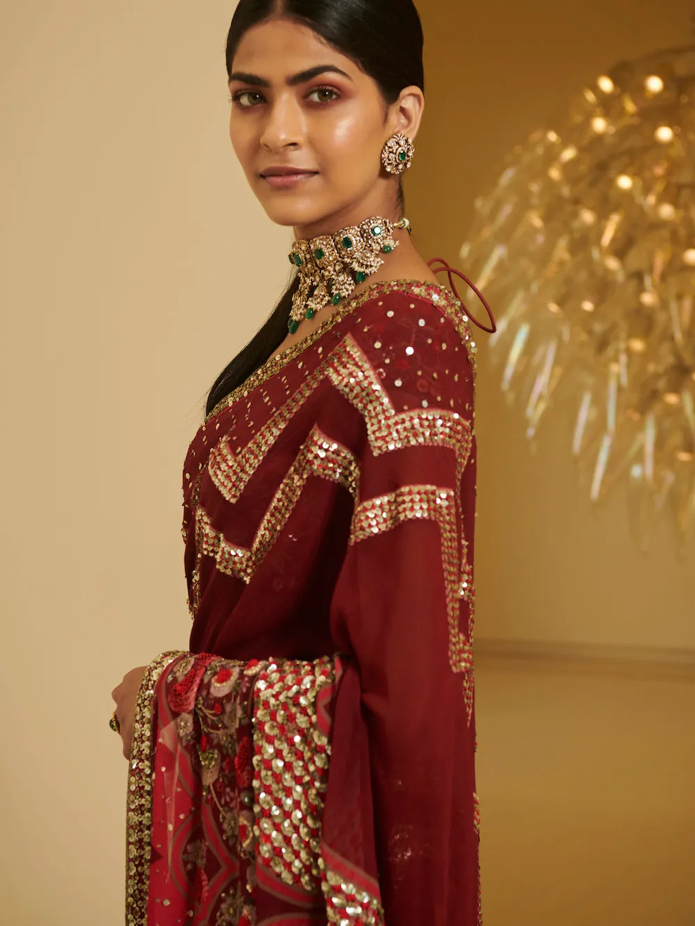 Maroon Printed Saree And Blouse