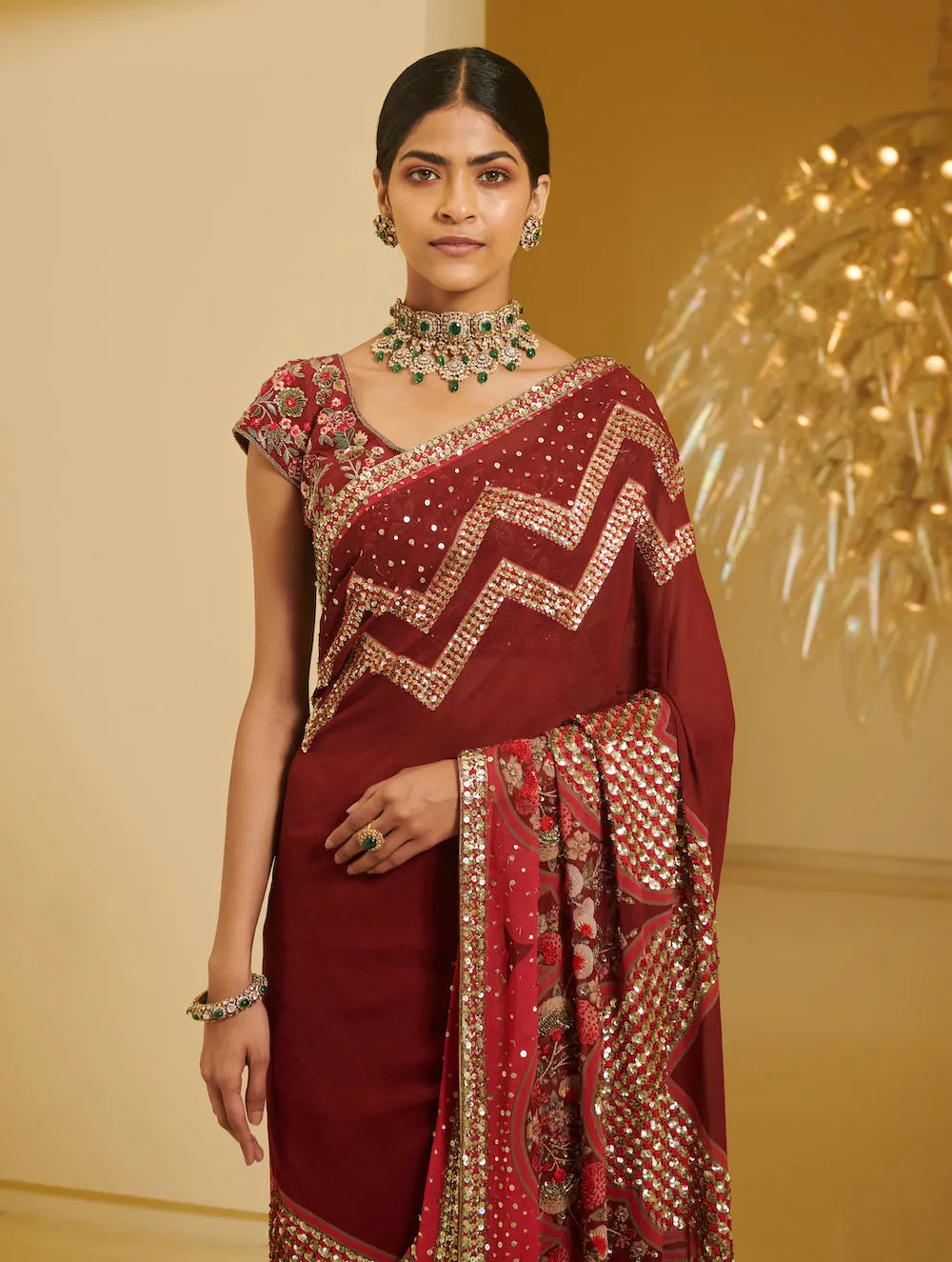 Maroon Printed Saree And Blouse