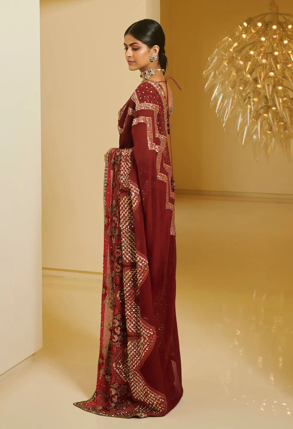 Maroon Printed Saree And Blouse