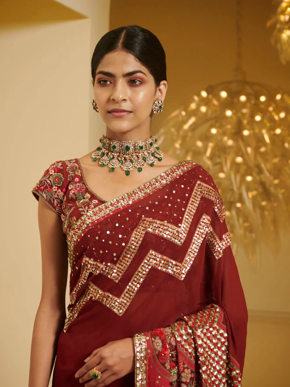Maroon Printed Saree And Blouse