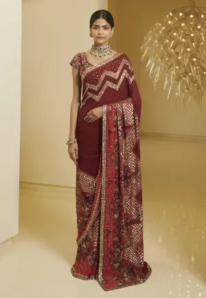 Maroon Printed Saree And Blouse
