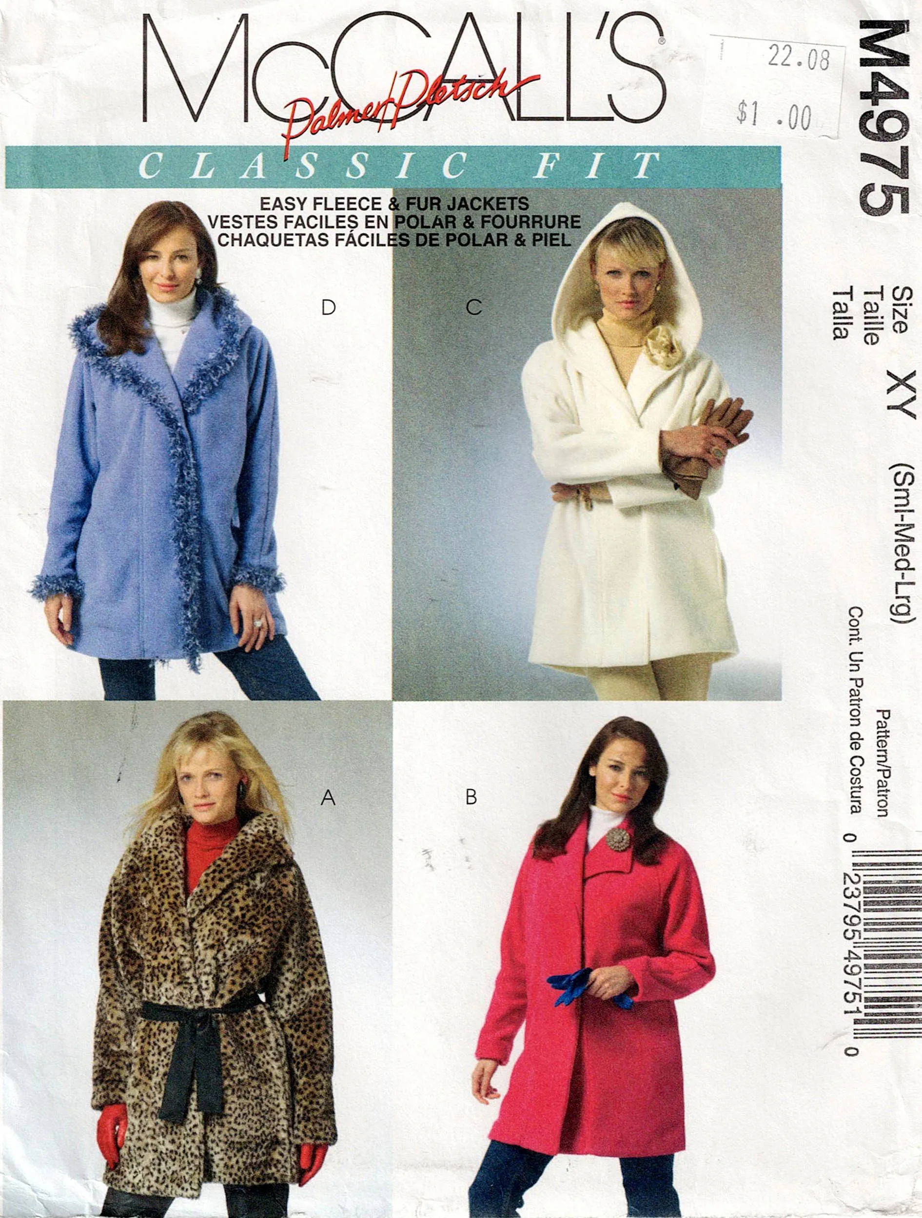 McCall's 4975 PALMER/PLETSCH Womens Classic Fit Fur & Fleece Jackets Out Of Print Sewing Pattern Size S - L UNCUT Factory Folded
