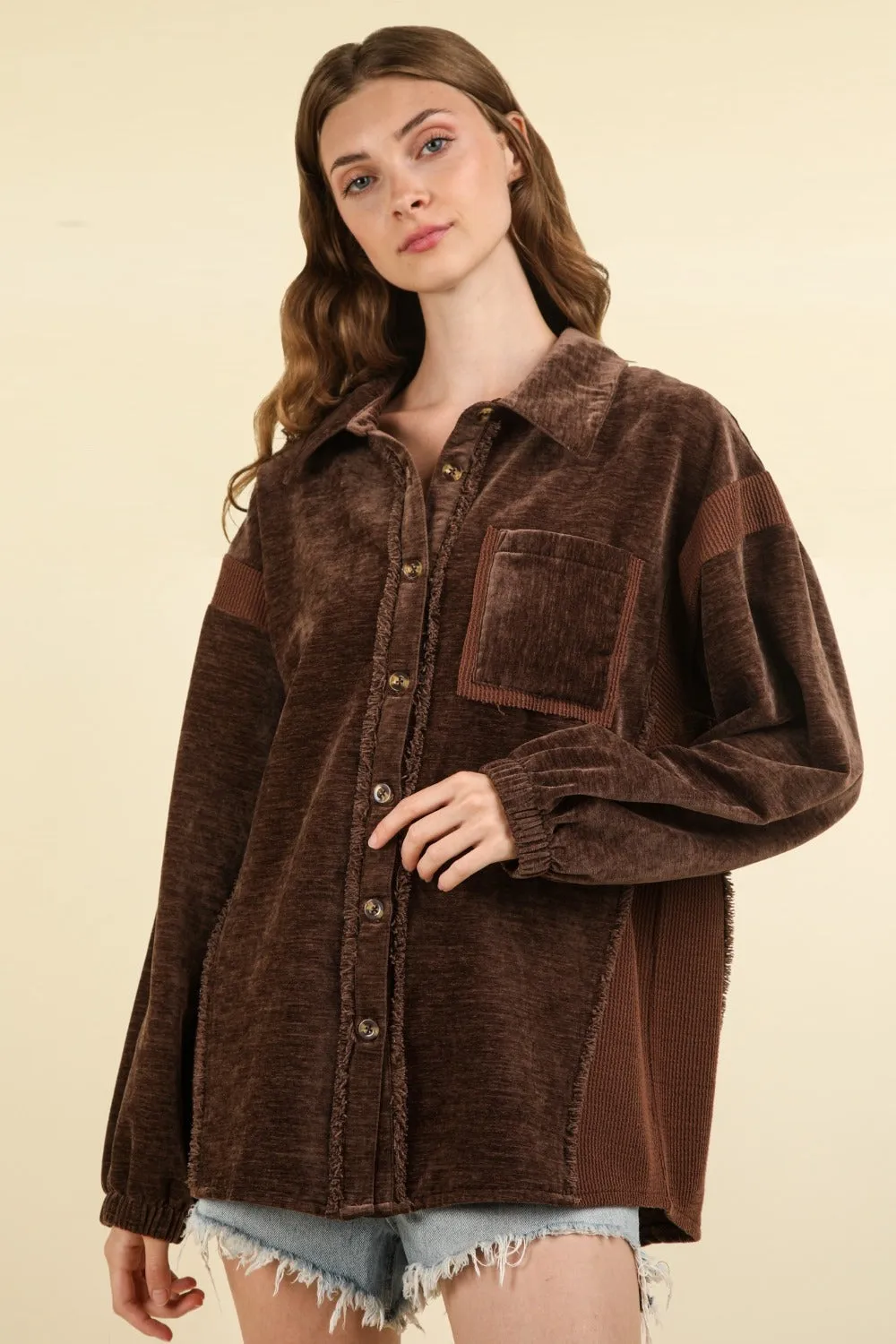 Media Button Down Raw Hem Shacket