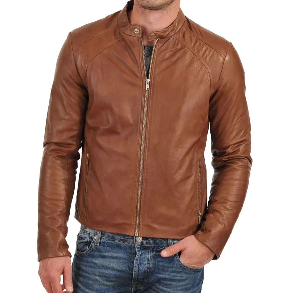 Men Brown Bomber Biker Tan Leather Jacket