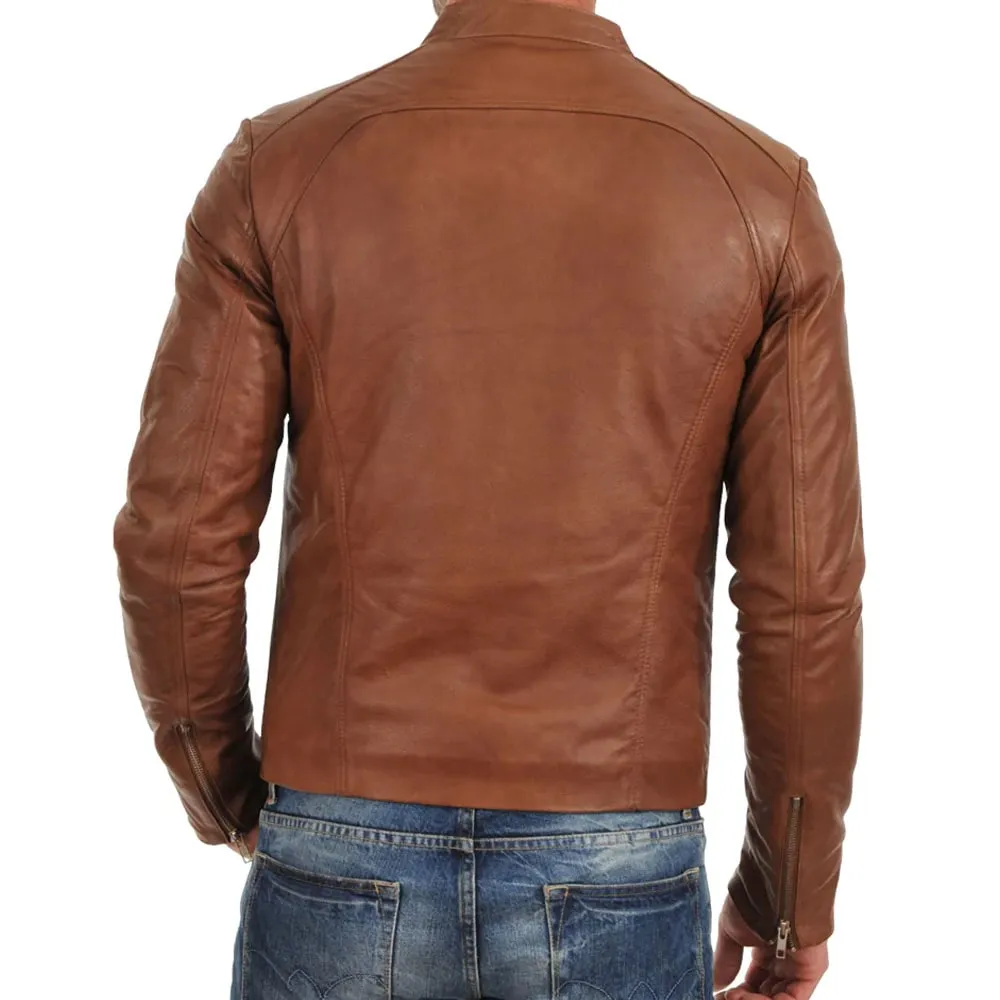 Men Brown Bomber Biker Tan Leather Jacket
