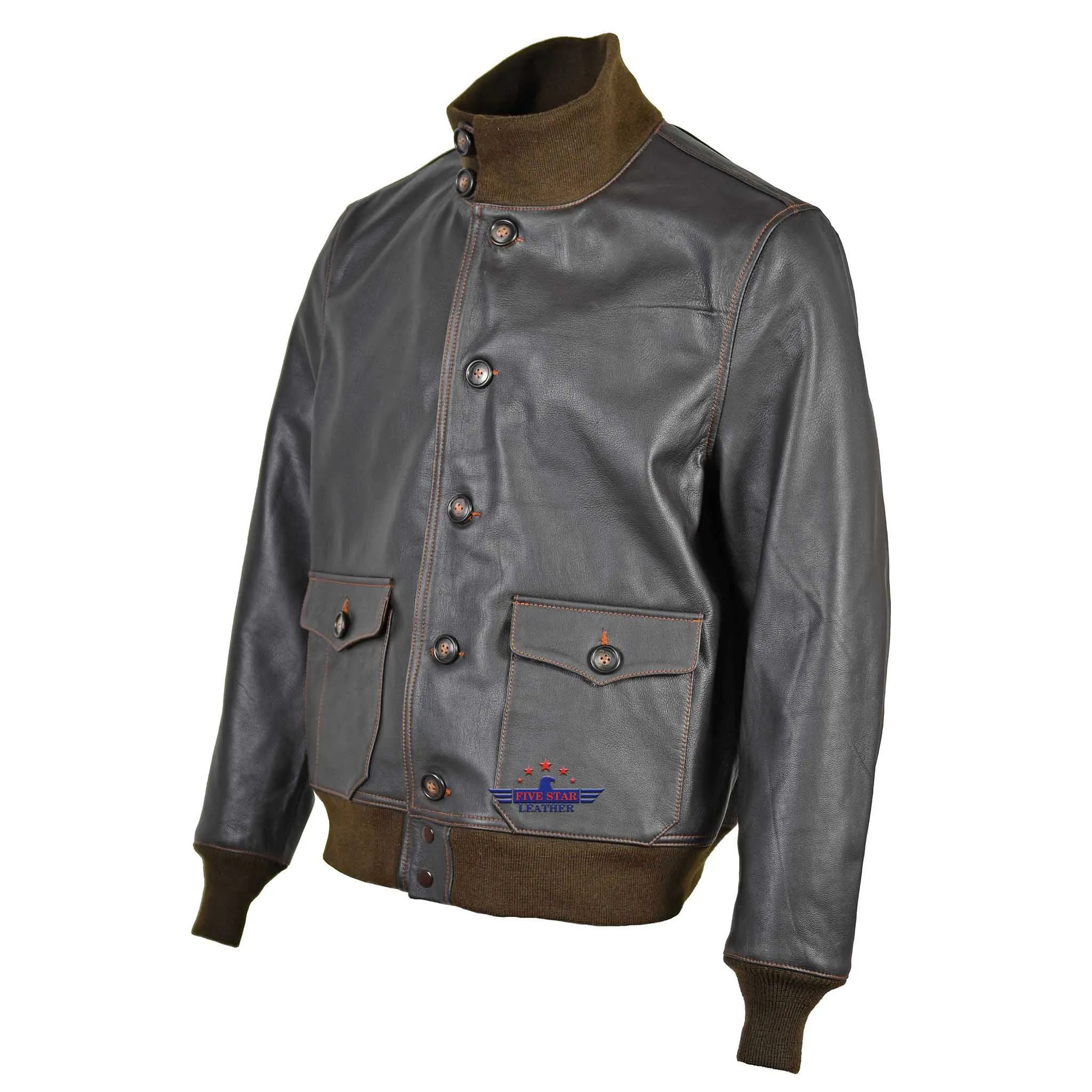 Men Flight A-1 Repro Goatskin Leather Jacket Military Aviation Bomber Seal Brown