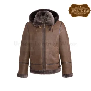 Men Hooded Leather Aviator Jacket Tobacco