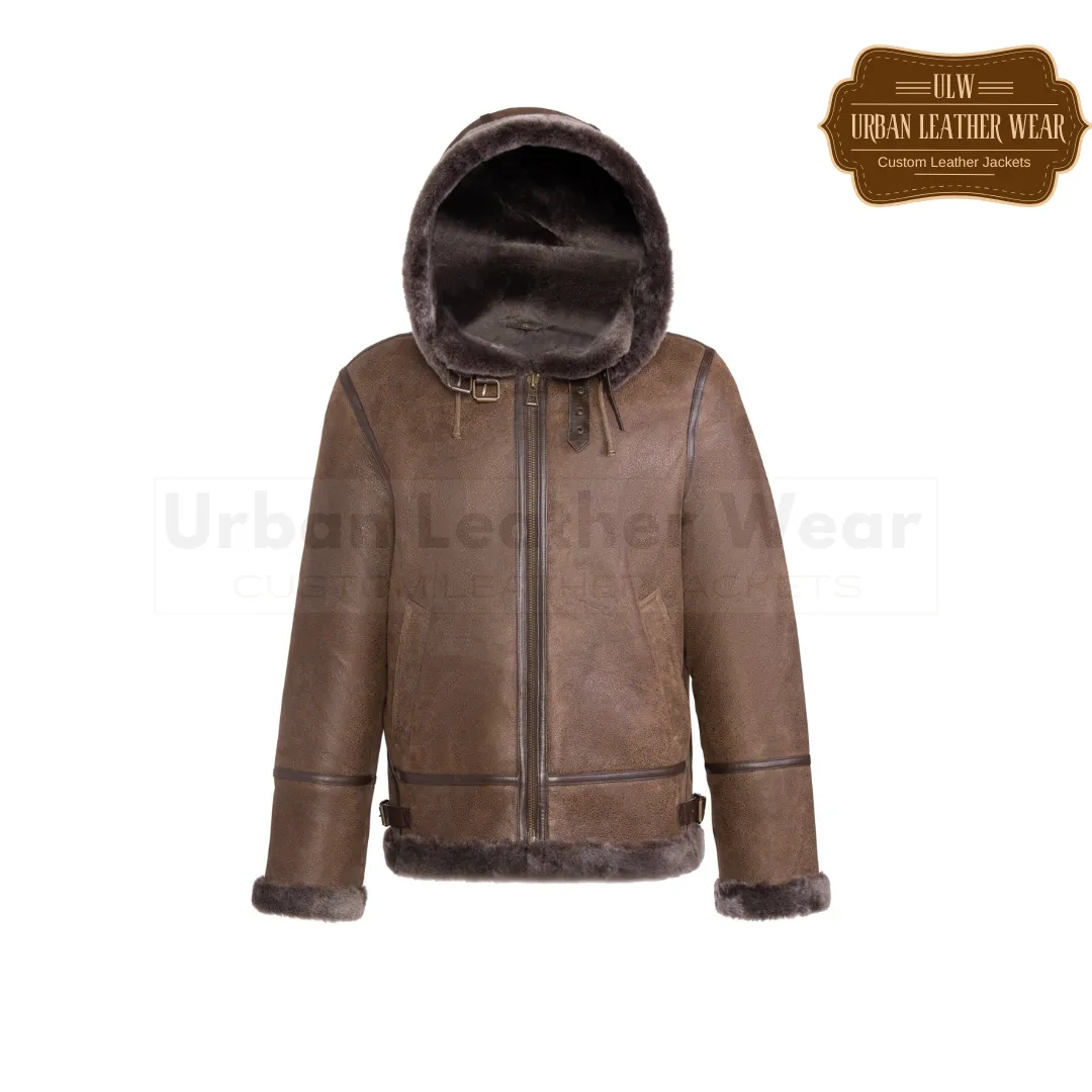 Men Hooded Leather Aviator Jacket Tobacco
