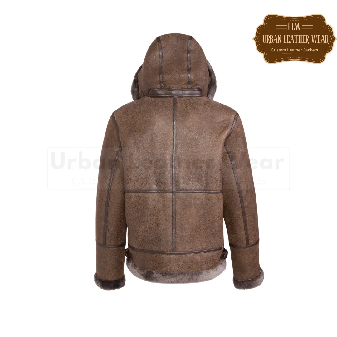 Men Hooded Leather Aviator Jacket Tobacco