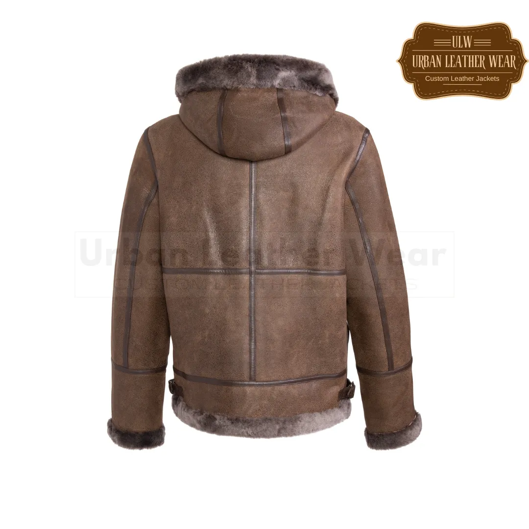 Men Hooded Leather Aviator Jacket Tobacco