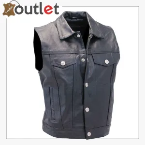 Men's Classic Black Leather Collar Style Motorcycle Vest