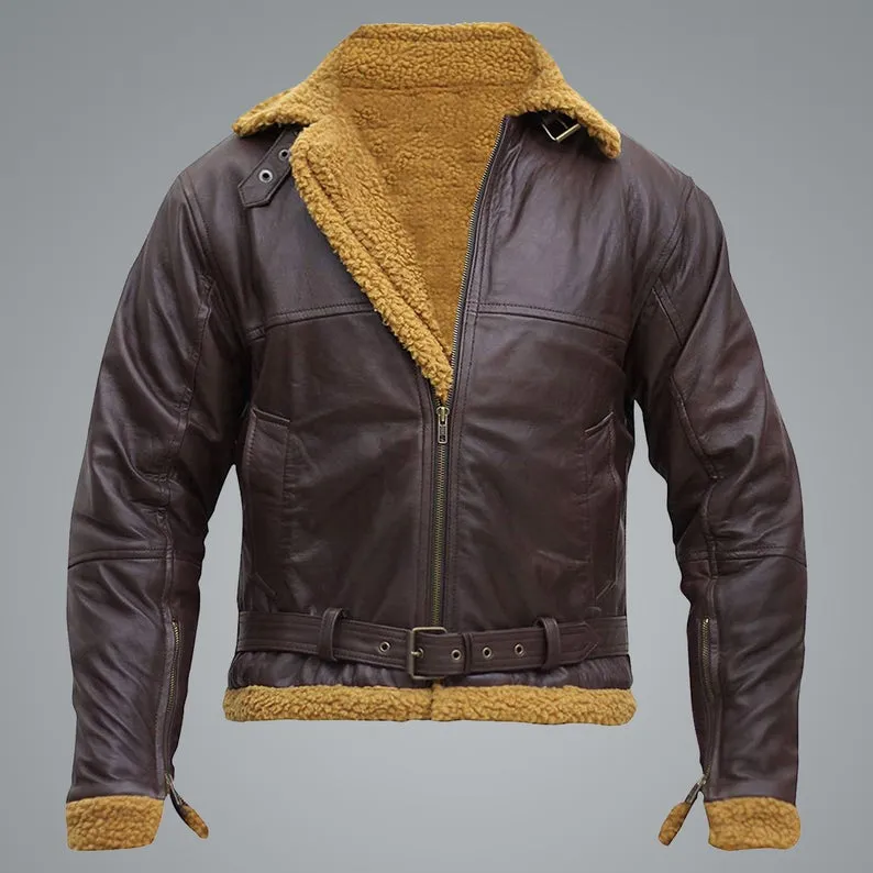 Men’s Flying Aviator Winter Sheepskin Shearling Bomber Leather Jacket