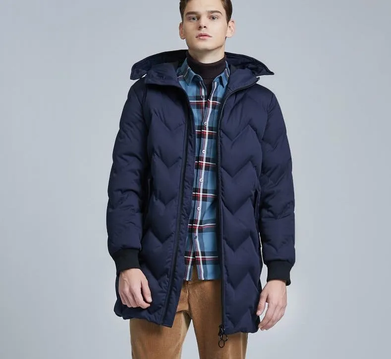 Men's Mid-length Hood Drawstring Mid-length Down Jacket