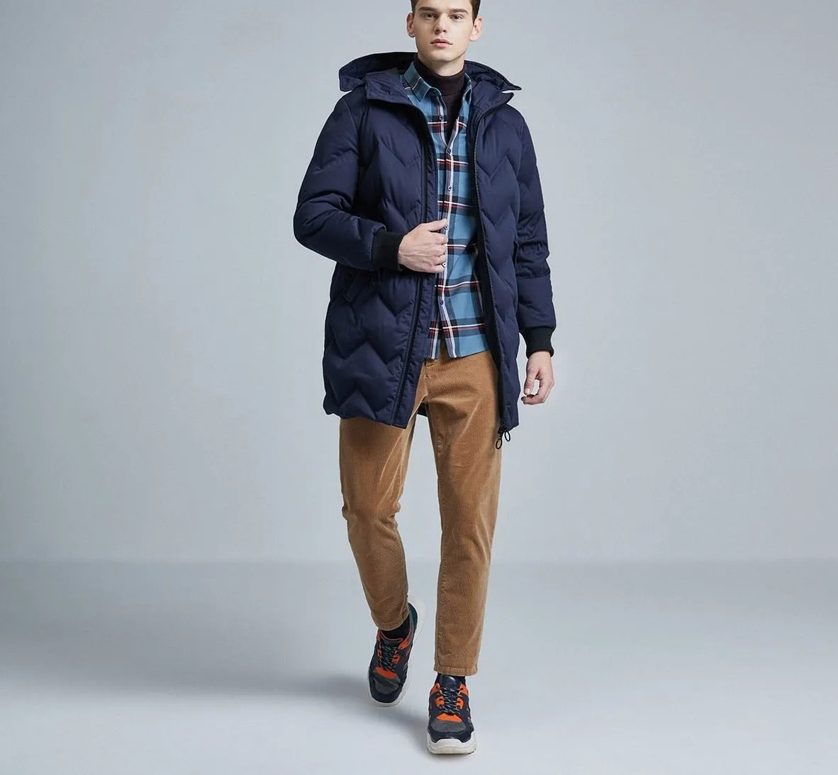 Men's Mid-length Hood Drawstring Mid-length Down Jacket