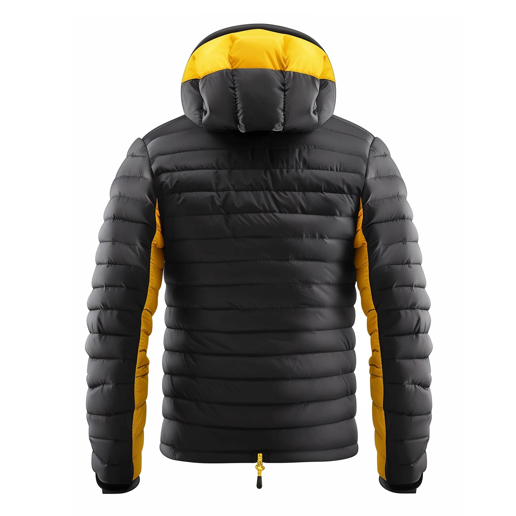 Mens Puffer Jacket with Hood Hip-Length Puffer Black and Yellow Quilted Patterns Removable Hood Multiple Pockets Mens Puffer Jackets