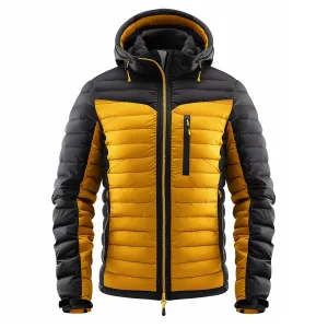 Mens Puffer Jacket with Hood Hip-Length Puffer Black and Yellow Quilted Patterns Removable Hood Multiple Pockets Mens Puffer Jackets