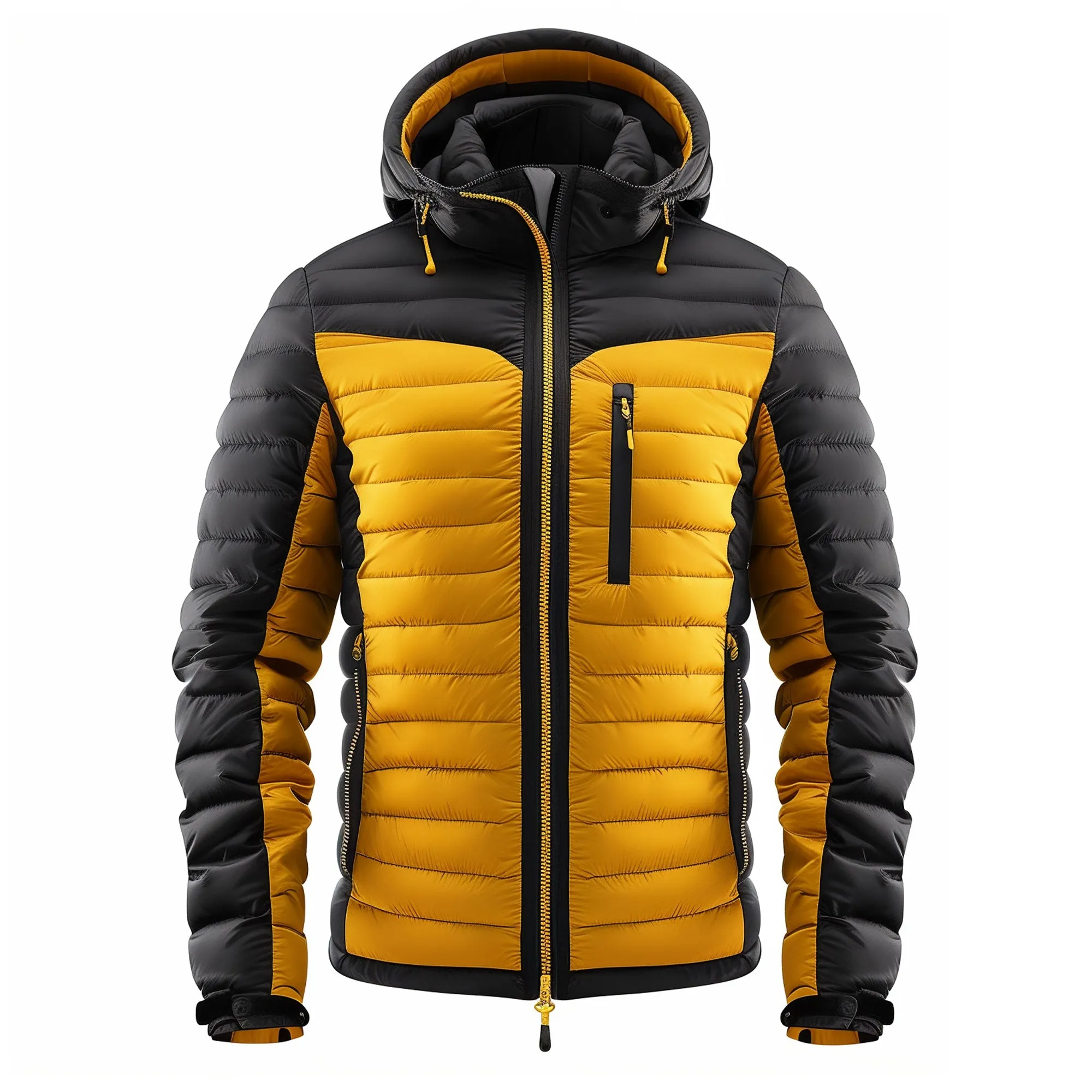Mens Puffer Jacket with Hood Hip-Length Puffer Black and Yellow Quilted Patterns Removable Hood Multiple Pockets Mens Puffer Jackets