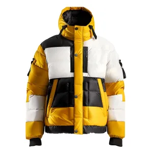 Mens Puffer Jacket with Hood Hip-Length Puffer Contrast Patches Lightweight Quilted Patterns Removable Hood Multiple Pockets Mens Puffer Jacket