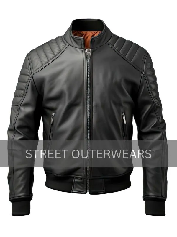 Mens Quilted Shoulders Black Bomber Leather Jacket