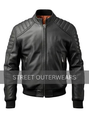 Mens Quilted Shoulders Black Bomber Leather Jacket