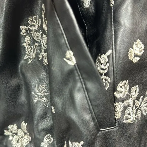 Michael Kors Embroidered Floral Faux Leather Zip Up Pockets Black Bomber Jacket