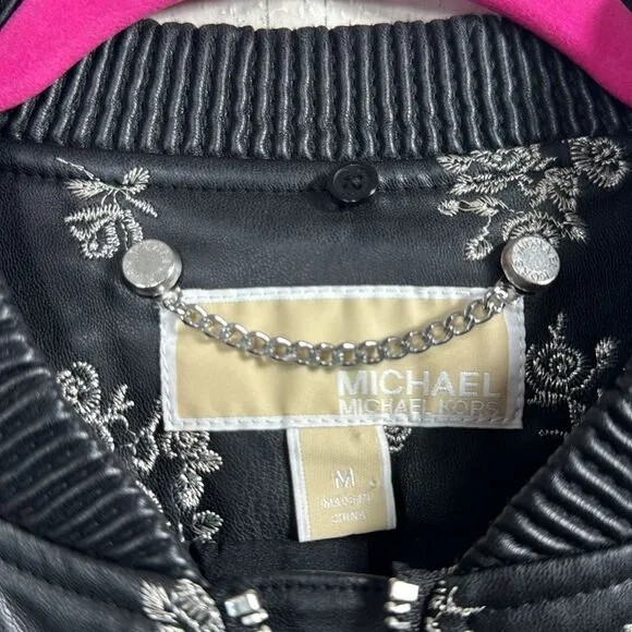Michael Kors Embroidered Floral Faux Leather Zip Up Pockets Black Bomber Jacket