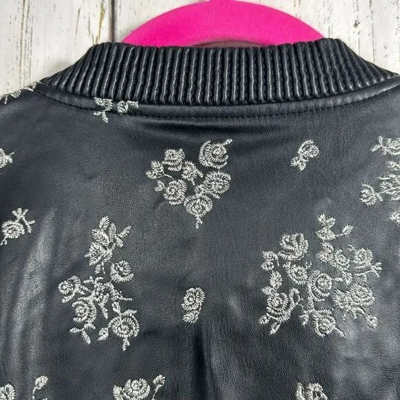 Michael Kors Embroidered Floral Faux Leather Zip Up Pockets Black Bomber Jacket
