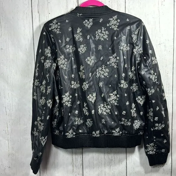 Michael Kors Embroidered Floral Faux Leather Zip Up Pockets Black Bomber Jacket