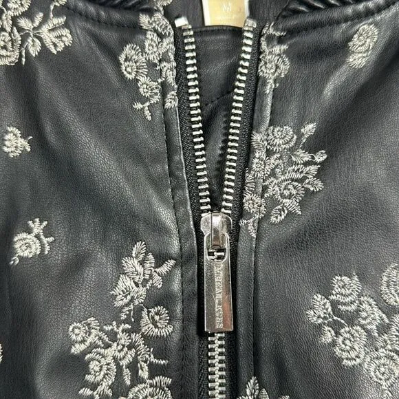 Michael Kors Embroidered Floral Faux Leather Zip Up Pockets Black Bomber Jacket