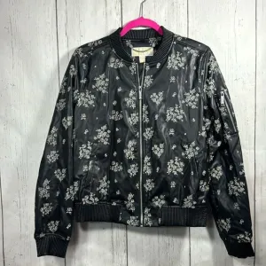 Michael Kors Embroidered Floral Faux Leather Zip Up Pockets Black Bomber Jacket