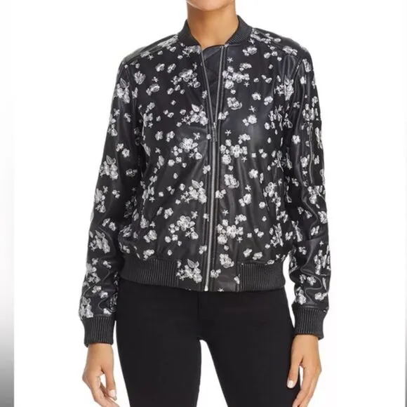 Michael Kors Embroidered Floral Faux Leather Zip Up Pockets Black Bomber Jacket