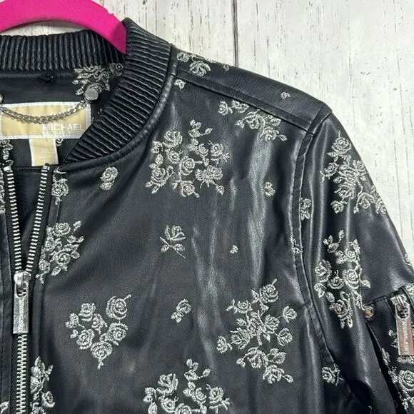 Michael Kors Embroidered Floral Faux Leather Zip Up Pockets Black Bomber Jacket