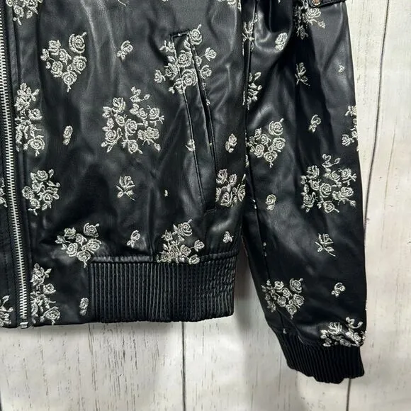 Michael Kors Embroidered Floral Faux Leather Zip Up Pockets Black Bomber Jacket