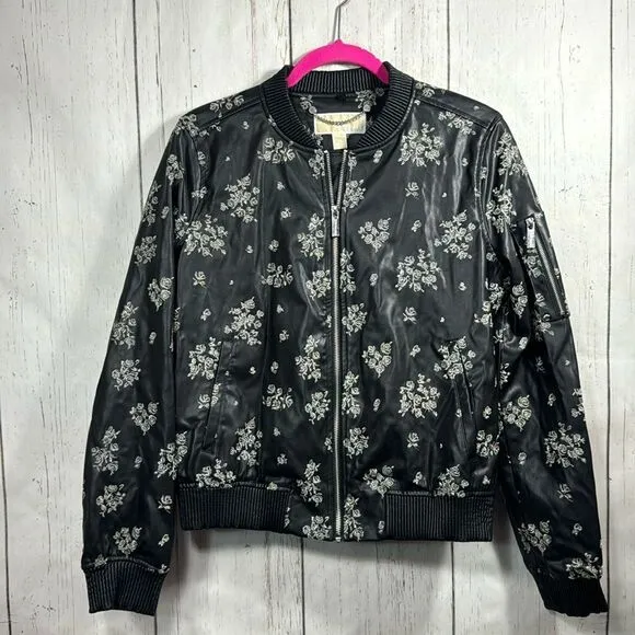 Michael Kors Embroidered Floral Faux Leather Zip Up Pockets Black Bomber Jacket