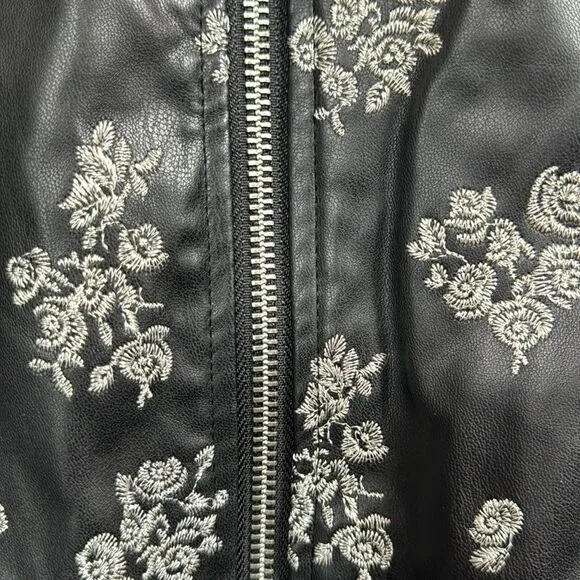 Michael Kors Embroidered Floral Faux Leather Zip Up Pockets Black Bomber Jacket