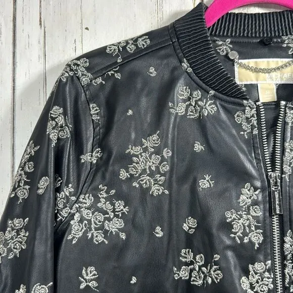 Michael Kors Embroidered Floral Faux Leather Zip Up Pockets Black Bomber Jacket