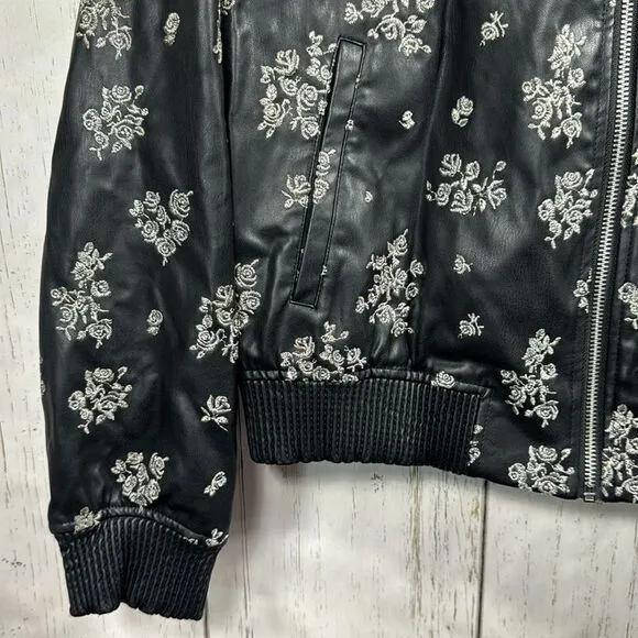Michael Kors Embroidered Floral Faux Leather Zip Up Pockets Black Bomber Jacket