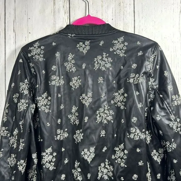 Michael Kors Embroidered Floral Faux Leather Zip Up Pockets Black Bomber Jacket