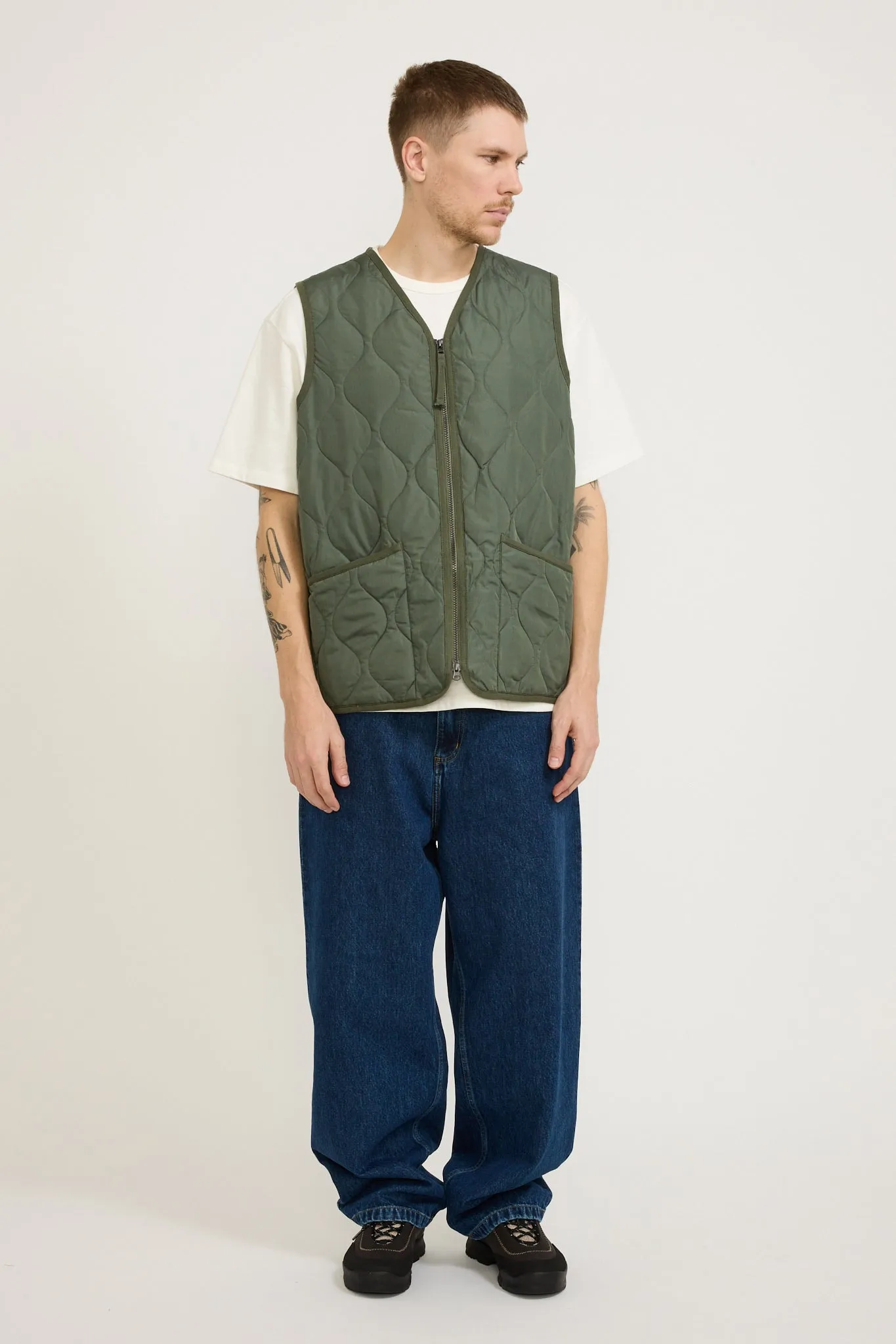 Military Zip V Neck Down Vest Olive
